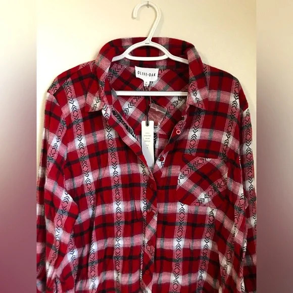 NWT Olive+Oak Women’s Boho Flannel & Plaid Fringe Button Down Cotton Top - Picture 6 of 15